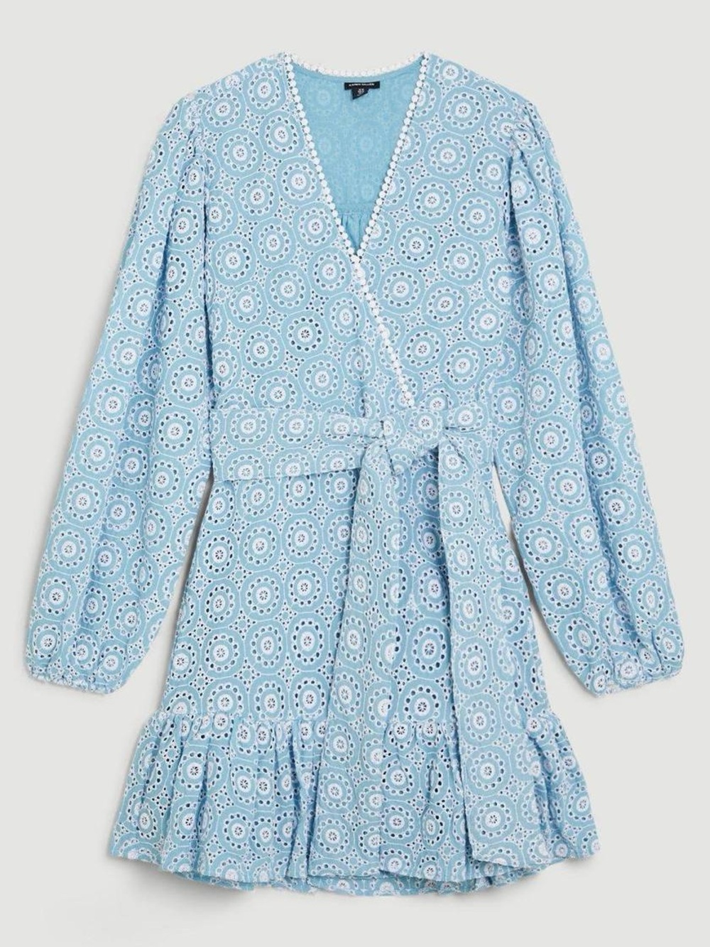 Karen Millen Broderie Cotton Wrap Mini Dress Light Blue Eyelet Dress - Picture 3 of 16